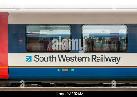 Name and logo on a South Western Railway train carriage. Stock Photo