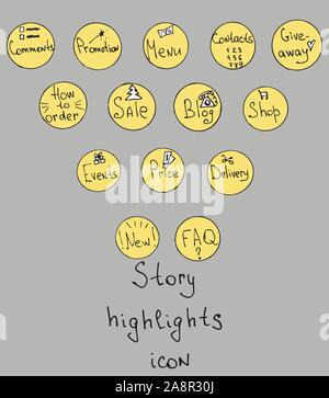 Set of highlights stories covers icons in grey, yellow and white colors. Perfect for personal shop or bloggers. Fully editable, scalable vector file. Stock Vector