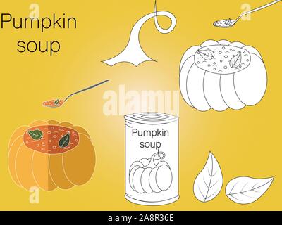Pumpkin with soup sketch of organic natural vegetable. Colorful vector illustration can use for promotion, advertisement, with text; for agriculture t Stock Vector