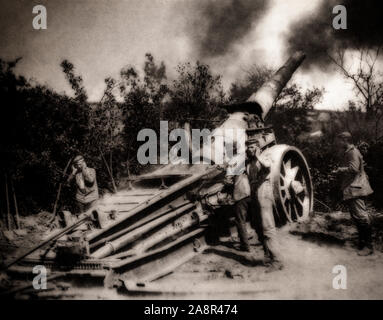 German field artillery in action on the Black day of 8th August 1918. Earlier in March 1918; the Germans launched their Spring Offensive; consisting of four different major battles between March and July; that drove the Allies reeling back more than 50 miles. In the early morning hours of August 8; 1918; the German Army; depleted and exhausted by months of attacking; were taken completely by surprise when the British Fourth Army attacked and; by the end of the day; had punched a hole 15 miles wide in the front.; Stock Photo