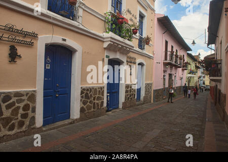 Colorful houses in the bohemian La Ronda District of Old Town Quito, Ecuador Stock Photo