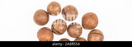 top view of Macadamia nuts scattered isolated on white, panoramic shot Stock Photo