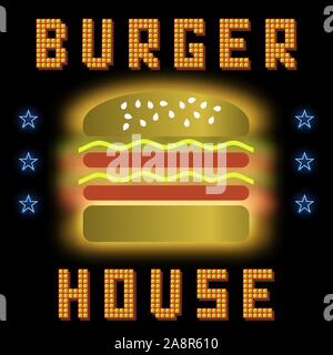 Burger House Neon Colorful Sign on Black Background. Fast Food Sign Stock Vector