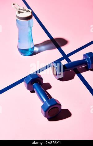 High angle view of dumbbells and water bottle on pink background Stock Photo