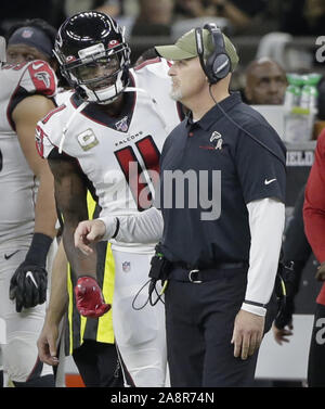 New Orleans, USA. 10th Nov, 2019. Atlanta Falcons wide receiver Julio Jones (11) talks with his head coach Dan Quinn during the game with New Orleans Saints at the Mercedes-Benz Superdome in New Orleans on Sunday, November 10, 2019. Photo by AJ Sisco/UPI Credit: UPI/Alamy Live News Stock Photo
