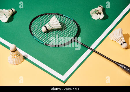 High angle view of badminton racket and shuttlecocks on green and yellow background Stock Photo