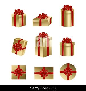 set isolated gold gift boxes with red bow and ribbon for christmas and birthday decorations Stock Vector