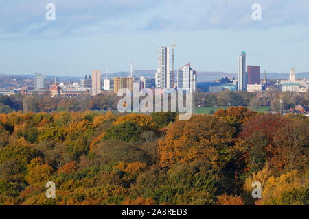 A scenic skyline of Leeds city from Temple Newsam golf course.Altus house will be the tallest building in Yorkshire once it's complete Stock Photo