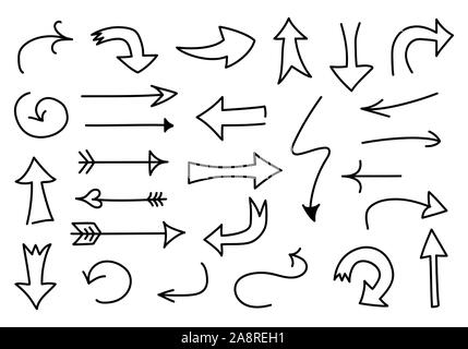 Big Set of Doodled Arrows. Set of outline sketch isolated on white background. Hand-drawn navigation collection vector illustration Stock Vector