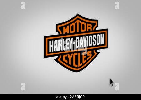 Logo of the public company Harley-Davidson displayed on a computer screen in close-up. Credit: PIXDUCE Stock Photo