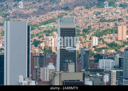 Helicopter flying over downtown Medellin, Colombia. Stock Photo