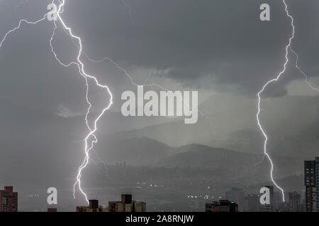 Lightning storm over the district of Poblado in Medellin, Colombia. Stock Photo