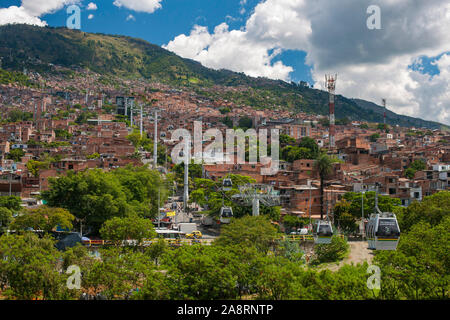 View of the Santo Domingo “Metrocable” cable-way from Azeveda metro station in Medellin, Colombia. Stock Photo
