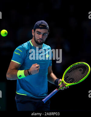 London, UK. 10th Nov, 2019. Matteo Berrettini of Italy reacts during the singles group match against Novak Djokovic of Serbia at the ATP World Tour Finals 2019 in London, Britain on Nov. 10, 2019. Credit: Han Yan/Xinhua/Alamy Live News Stock Photo