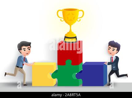 Business team building vector character concept. Business office employee building puzzle activity with golden cup trophy element in white empty. Stock Vector