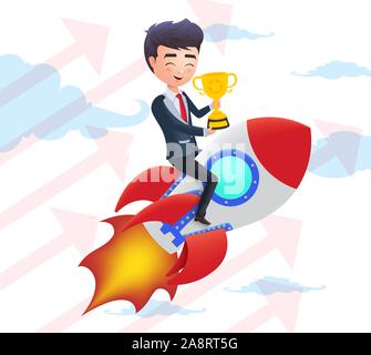 Business character achievement vector concept. Business man riding a rocket and holding golden cup trophy flying in the sky. Vector illustration. Stock Vector