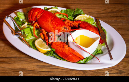 Fresh boiled lobster on a bed of greens with lemon slices, melted butter, and eating utensils, served on a white ceramic platter on a wooden table. Stock Photo