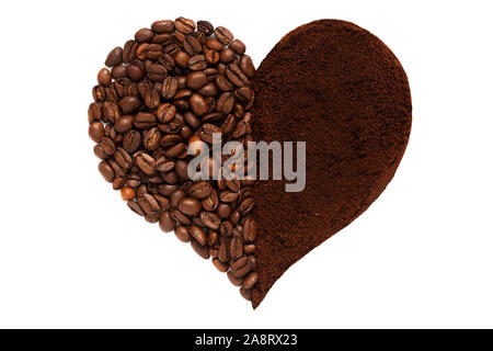 A heart symbol half made from coffee beans, half made from coffee powder. On a white background, isolated Stock Photo