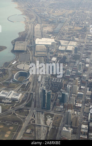 An aerial view of downtown Chicago Loop including skyscrapers, Soldier Field, and the Field Museum Stock Photo