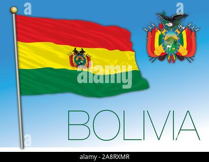 Bolivia official flag with coat of arms, vector illustration, south america Stock Vector