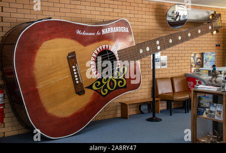 Big Playable Guitar, Narrandera, New South Wales.  Two musicians are necessary to play the guitar due to its size. Stock Photo