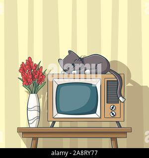 Cat sleeps on an old tv. Boy and girl playing. Hand drawn vector illustration with separate layers. Stock Vector