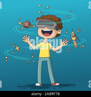 Boy using virtual reality headset. Hand drawn vector illustration with separate layers. Stock Vector