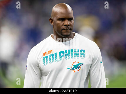 Indianapolis, Indiana, USA. 10th Nov, 2019. Miami Dolphins head coach Brian Flores during NFL football game action between the Miami Dolphins and the Indianapolis Colts at Lucas Oil Stadium in Indianapolis, Indiana. Miami defeated Indianapolis 16-12. John Mersits/CSM/Alamy Live News Stock Photo