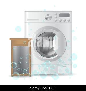 Vector realistic automatic closed washing-machine and wooden ribbed hand washboard isolated on white background with soap bubbles. Housework concept. Stock Vector