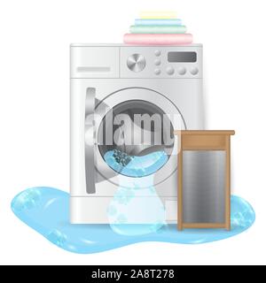 Vector realistic ribbed hand washboard and open broken washing-machine with pile color towels and leaking water isolated on white background. 3D illus Stock Vector