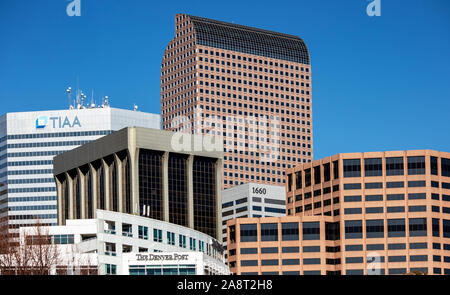 Denver, Colorado - November 11, 2019: Denver modern skyline seen from the Civic Center Park on a sunny day Stock Photo