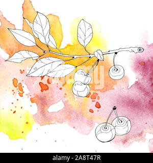 Cherries healthy diet in watercolor style isolated with a beautiful inscription. silhouette of cherry black and white on watercolor spot. For backgrou Stock Photo