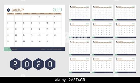 Vector of 2020 new year calendar in modern clean table simple style with blue gold green color,Holiday event planner,Week Starts Sunday.desk calender Stock Vector
