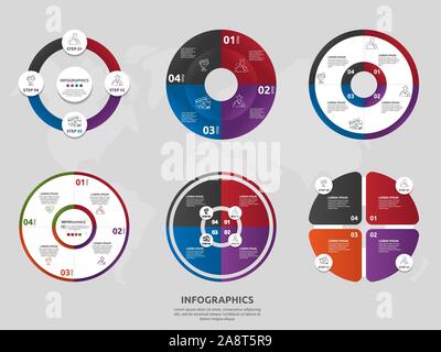 Vector template circle and sector infographics. Set business concept with 4 options. Used for content, flowchart, timeline, levels, marketing, present Stock Vector