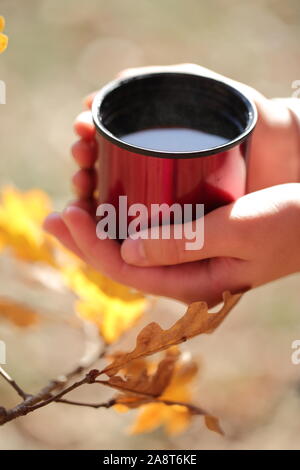 Children's hands hold a red mug with tea in the autumn park Stock Photo