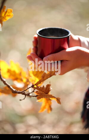 Children's hands hold a red mug with tea in the autumn park Stock Photo