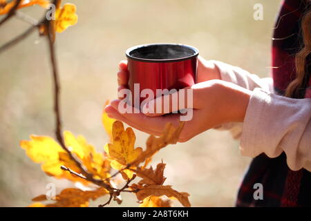 Children's hands hold a red mug with tea in the autumn park Stock Photo