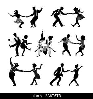 Rock n roll and jazz dancing couples set. Swing dancing silhouettes. people in 1940s and 1950s style. Retro black and white vector illustration. Stock Vector