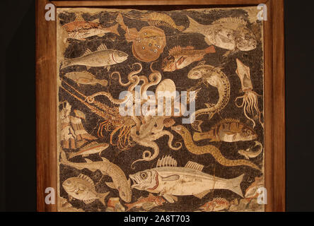 ancient Roman mosaic showing fish and other marine creatures from Pompeii in Italy Stock Photo