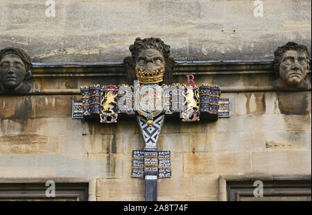 Painted head of a lead drainpipe for rainwater with the arms of Charles 1st of England on it in the Canterbury Quadrangle in St John’s college Oxford Stock Photo