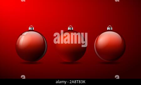 Set of three Red 3D Christmas balls with shadows on a Red background. Vector illustration, eps10. Stock Vector