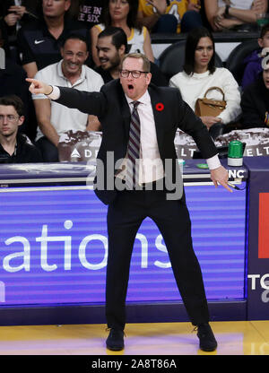 Los Angeles, California, USA. 10th Nov, 2019. Toronto Raptors head coach Nick Nurse gestures during an NBA basketball game between Los Angeles Lakers and Toronto Raptors, Sunday, November 10, 2019, in Los Angeles. Credit: Ringo Chiu/ZUMA Wire/Alamy Live News Stock Photo