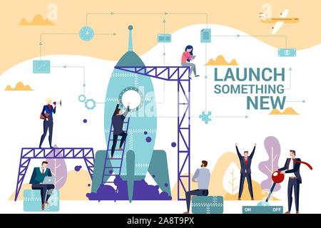 Concept Flat illustration.Team of business people working together on a project. Launching something new words. Start-up building and development. Stock Vector