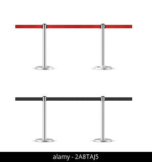 Retractable belt stanchion seamless illustration set. Portable ribbon barriers. Stock Vector