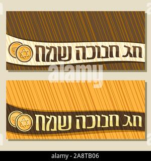 Vector layouts for Hanukkah holiday, decorative greeting cards with copy space, gold chocolate coins and handwritten font for words happy hanukkah in Stock Vector