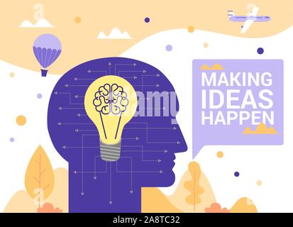 Concept Flat illustration. The bulb inside the big head. Making ideas happen words. Stock Vector