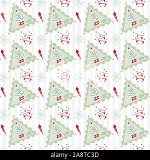 Seamless pattern Modern sketch with trendy stylized christmas tree and postage stamp for winter holiday decoration design. Vintage style, flat color Stock Vector