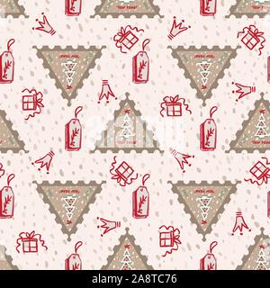 Seamless pattern Modern sketch with trendy stylized christmas tree and postage stamp for winter holiday decoration design. Vintage style, flat color Stock Vector