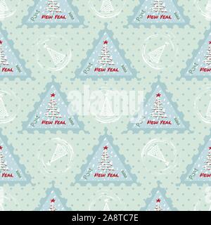 Seamless pattern Modern sketch with trendy stylized christmas tree and postage stamp for winter holiday decoration design. Vintage style, flat color Stock Vector
