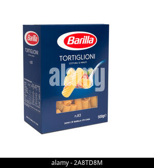 Italy - november 8, 2019: pack of Barilla rigatoni Italian pasta on a white background Stock Photo
